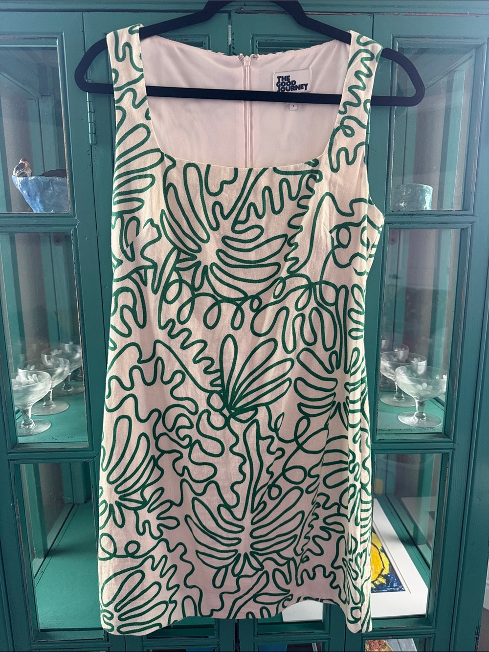 The Good Journey Cream Mini Dress with Squiggle Green Abstract Print EUC 4 - Picture 4 of 6